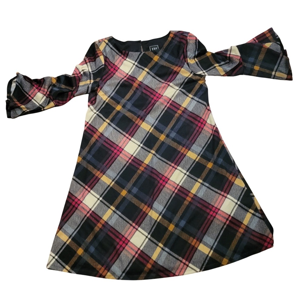 JH Womens Plaid Bell Sleeve Shift Dress Multi-Color Tartan Size Medium 00063